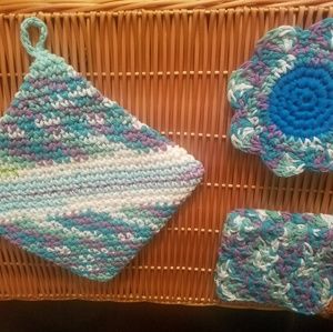 Crocheted 3 Piece Turquoise Kitchen Scrubby Set